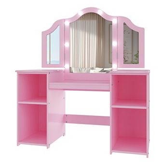 Kids Vanity Table and Chair, 2-in-1 Princess Makeup Vanity Desk with Detachable Tri-Folding Mirror