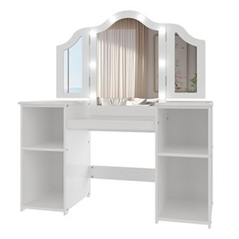Kids Vanity Table and Chair, 2-in-1 Princess Makeup Vanity Desk with Detachable Tri-Folding Mirror