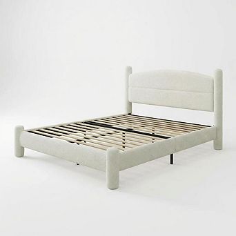Boucle Bed Frame, Upholstered Platform Cloud Bed with Soft Round Headboard & Cylindrical Legs