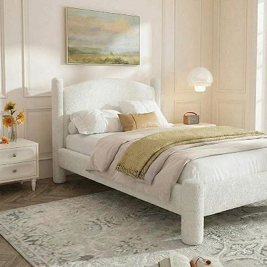 Boucle Bed Frame, Upholstered Platform Cloud Bed with Soft Round Headboard & Cylindrical Legs