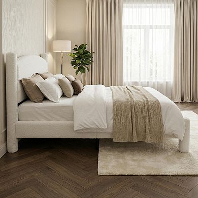 Boucle Bed Frame, Upholstered Platform Cloud Bed with Soft Round Headboard & Cylindrical Legs