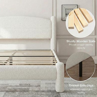 Boucle Bed Frame, Upholstered Platform Cloud Bed with Soft Round Headboard & Cylindrical Legs
