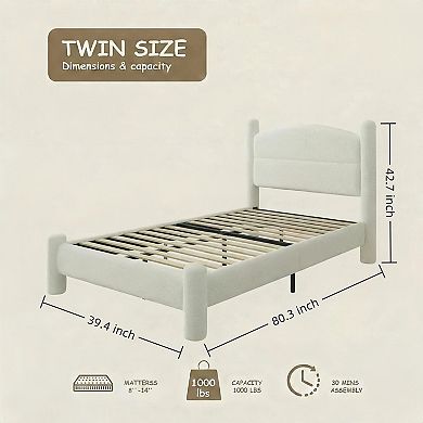 Boucle Bed Frame, Upholstered Platform Cloud Bed with Soft Round Headboard & Cylindrical Legs