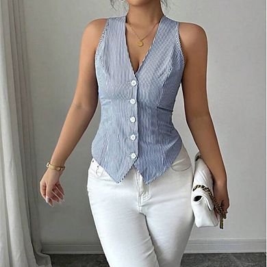 Women's Striped Vest Top Button Front V Neck Fitted Waistcoat