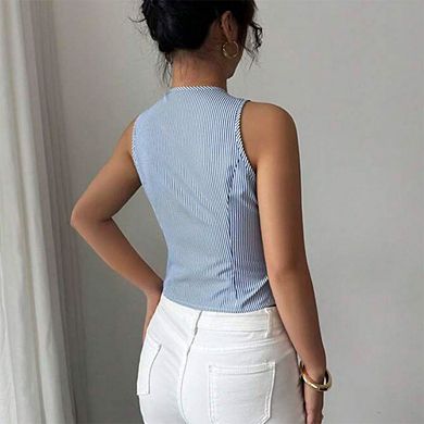 Women's Striped Vest Top Button Front V Neck Fitted Waistcoat