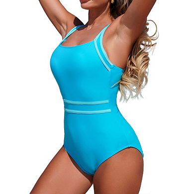 Women's Square Neck 1 Piece Swimsuit Contrast Stripe Cross Back Straps Bikini