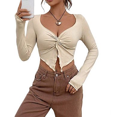 Women's Long Sleeve Crop Top Twist Front Detail Lettuce Edge Hem Fitting Shirts