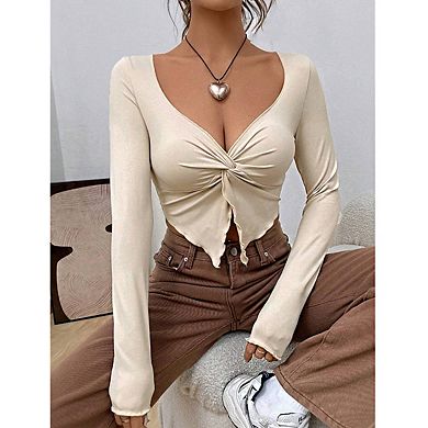 Women's Long Sleeve Crop Top Twist Front Detail Lettuce Edge Hem Fitting Shirts