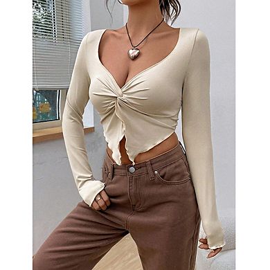 Women's Long Sleeve Crop Top Twist Front Detail Lettuce Edge Hem Fitting Shirts