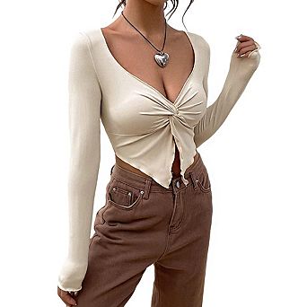 Women's Long Sleeve Crop Top Twist Front Detail Lettuce Edge Hem Fitting Shirts