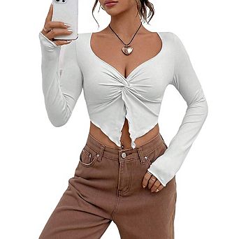 Women's Long Sleeve Crop Top Twist Front Detail Lettuce Edge Hem Fitting Shirts