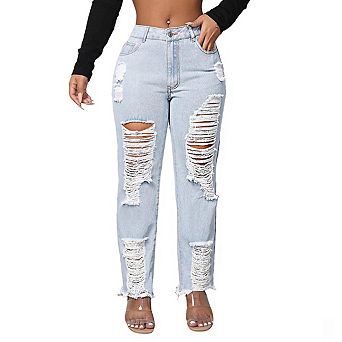 Women's Distressed Denim Jeans High Waist Ripped Fringe Cuff Straight Leg Pants