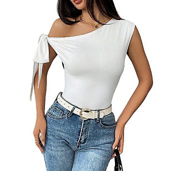 Women's One Shoulder Sleeveless Side Knot Detail Ruched Waist Casual Crop Top