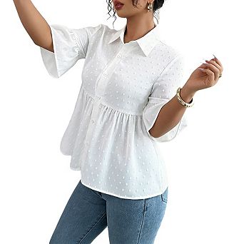 Women's Swiss Dot Collar Half Sleeve Ruffle Cuffs Button Peplum Blouse