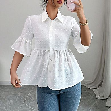 Women's Swiss Dot Collar Half Sleeve Ruffle Cuffs Button Peplum Blouse