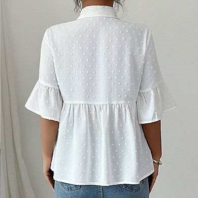 Women's Swiss Dot Collar Half Sleeve Ruffle Cuffs Button Peplum Blouse
