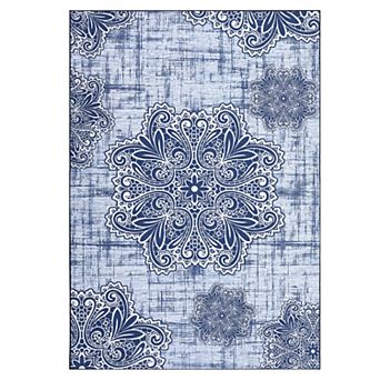 Washable Floral Throw Rug with Rubber Backing - Soft No Shedding Vintage Area Rug for Living Room