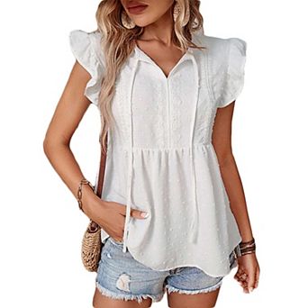 Women's Ruffle Sleeve Swiss Dot Blouse, Tie Neck Flowy Babydoll Casual Shirt
