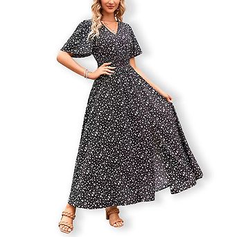 Women Short Sleeve Dress with Ruffle Neck & Smocked Waist Flowy Casual Textured Boho Tiered Dress