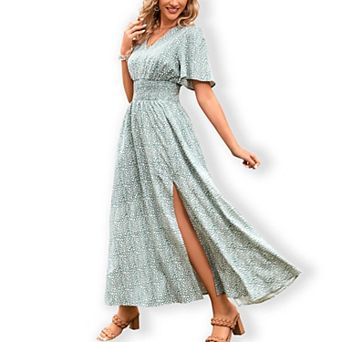 Women Short Sleeve Dress with Ruffle Neck & Smocked Waist Flowy Casual Textured Boho Tiered Dress