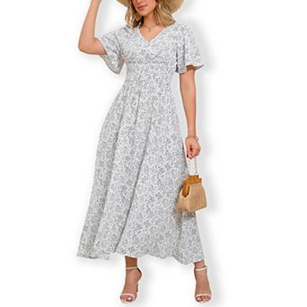 Women Short Sleeve Dress with Ruffle Neck & Smocked Waist Flowy Casual Textured Boho Tiered Dress