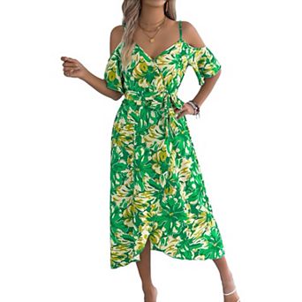 Women's Off Shoulder Floral Print Maxi Dress Cross V-Neck Spaghetti Strap Boho Summer Beach Gown