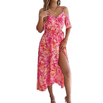 Women's Off Shoulder Floral Print Maxi Dress Cross V-Neck Spaghetti Strap Boho Summer Beach Gown