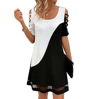Women's Cold Shoulder Shirt Short Sleeve Dress Summer Casual Hollow Mesh Color Block Dress
