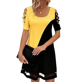 Women's Cold Shoulder Shirt Short Sleeve Dress Summer Casual Hollow Mesh Color Block Dress