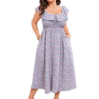 Women Plus Size Floral Print Smocked Midi Dress with Pockets Ruffle Square Neck/Off Shoulder Dress
