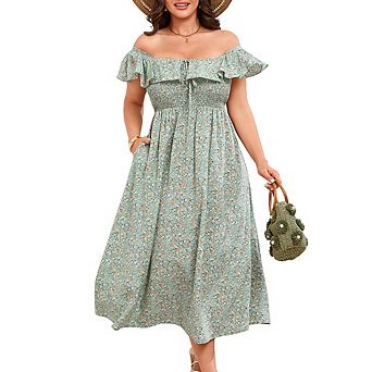 Women Plus Size Floral Print Smocked Midi Dress with Pockets Ruffle Square Neck/Off Shoulder Dress
