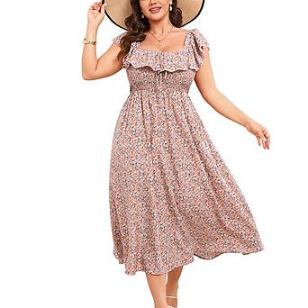 Women Plus Size Floral Print Smocked Midi Dress with Pockets Ruffle Square Neck/Off Shoulder Dress