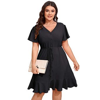 Women Plus Size Button Down V Neck Midi Dress Short Sleeve Ruffle Casual Summer Dress