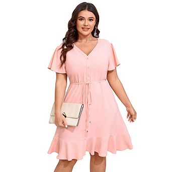 Women Plus Size Button Down V Neck Midi Dress Short Sleeve Ruffle Casual Summer Dress