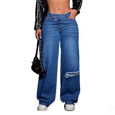 Women's Crossover Waist Wide Leg Jeans Distressed Detail Relaxed
