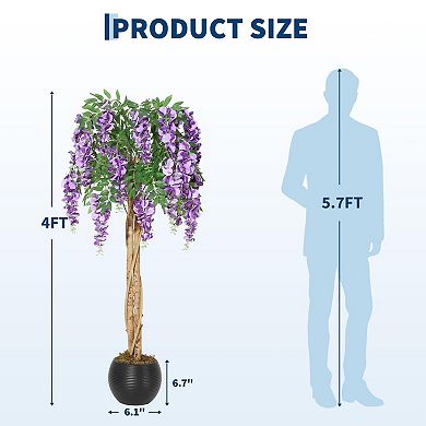 Plant Artificial Wisteria Tree Purple Flower Silk Tree Floral Decor Double Trunk for Home Office