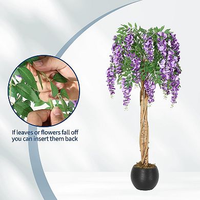 Plant Artificial Wisteria Tree Purple Flower Silk Tree Floral Decor Double Trunk for Home Office