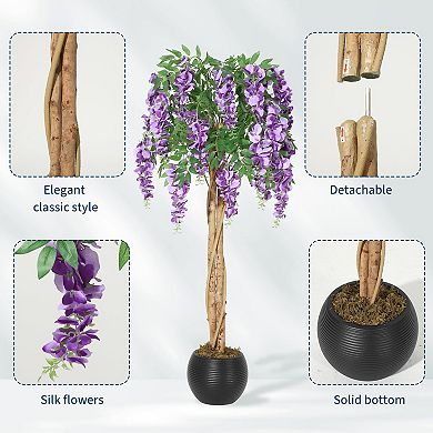 Plant Artificial Wisteria Tree Purple Flower Silk Tree Floral Decor Double Trunk for Home Office