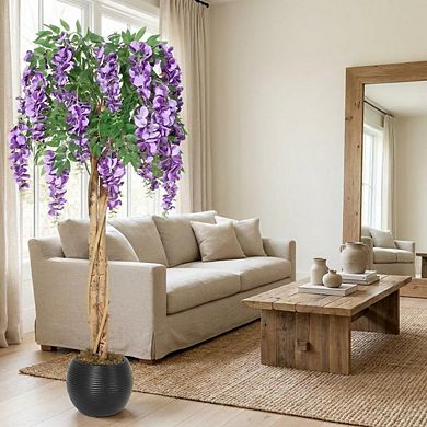 Plant Artificial Wisteria Tree Purple Flower Silk Tree Floral Decor Double Trunk for Home Office