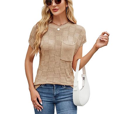Womens Knitted T-shirt Tee Tops Casual Batwing Short Sleeve Basic Solid Color Shirts With Pockets