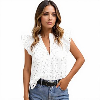 Dressy Casual Ruffle Sleeve Eyelet Shirt