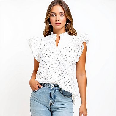 Dressy Casual Ruffle Sleeve Eyelet Shirt