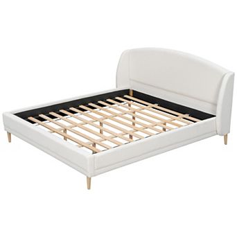 Pnronnc Platform Bed Boucle Fabric Upholstered Wingback Bed Frame Rounded Corners Headboard