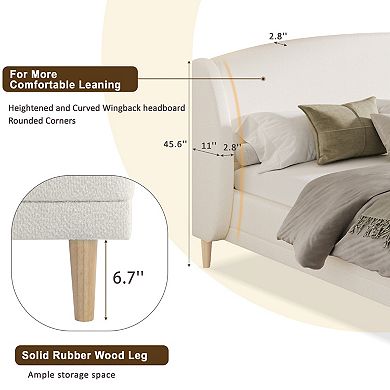 Pnronnc Platform Bed Boucle Fabric Upholstered Wingback Bed Frame Rounded Corners Headboard