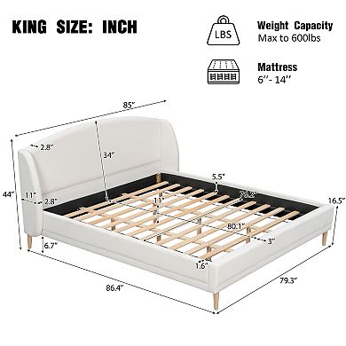 Pnronnc Platform Bed Boucle Fabric Upholstered Wingback Bed Frame Rounded Corners Headboard