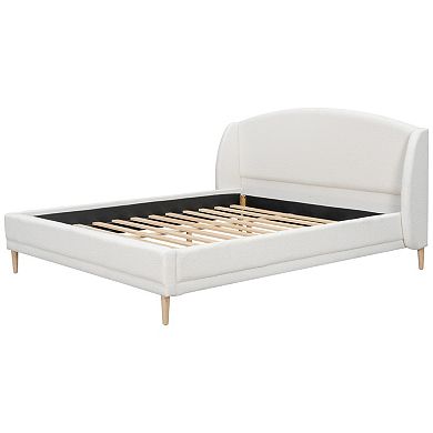 Pnronnc Platform Bed Boucle Fabric Upholstered Wingback Bed Frame Rounded Corners Headboard