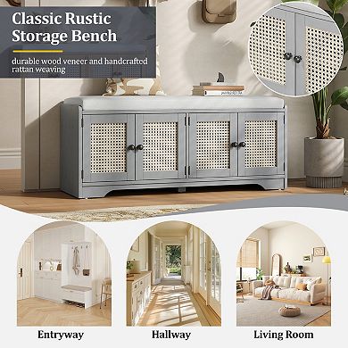 Trikiousd Rustic Storage Bench Wood Entryway Shoe Bench with Cushion, Woven Rattan Doors & Shelves
