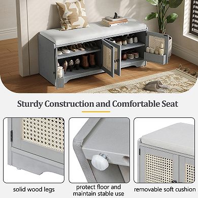 Trikiousd Rustic Storage Bench Wood Entryway Shoe Bench with Cushion, Woven Rattan Doors & Shelves