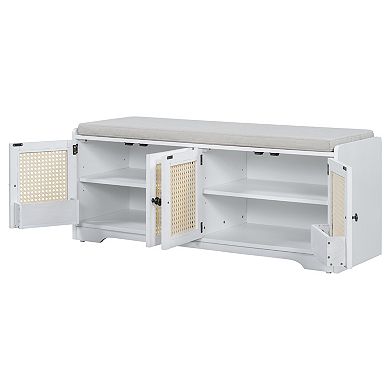 Trikiousd Rustic Storage Bench Wood Entryway Shoe Bench with Cushion, Woven Rattan Doors & Shelves