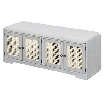 Trikiousd Rustic Storage Bench Wood Entryway Shoe Bench with Cushion, Woven Rattan Doors & Shelves